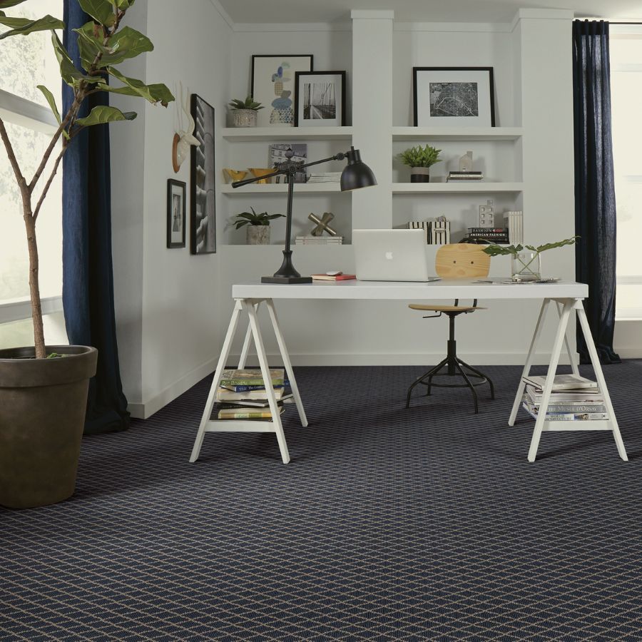 dark grey navy patterned carpet in office space